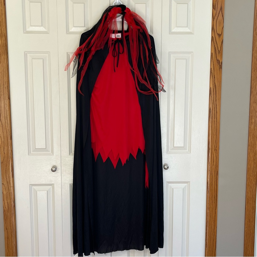 Red Shredded Fringed Halloween Dress/Shirt Red and Black Hooded Cape, Headband